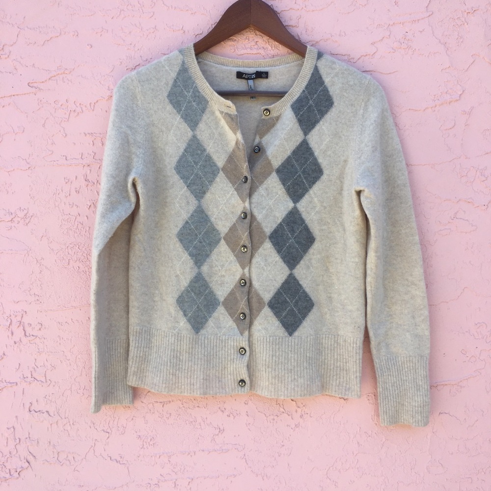 Apt 9 Cardigan Sweater Cashmere Argyle Size Large Neutral Preppy Gray